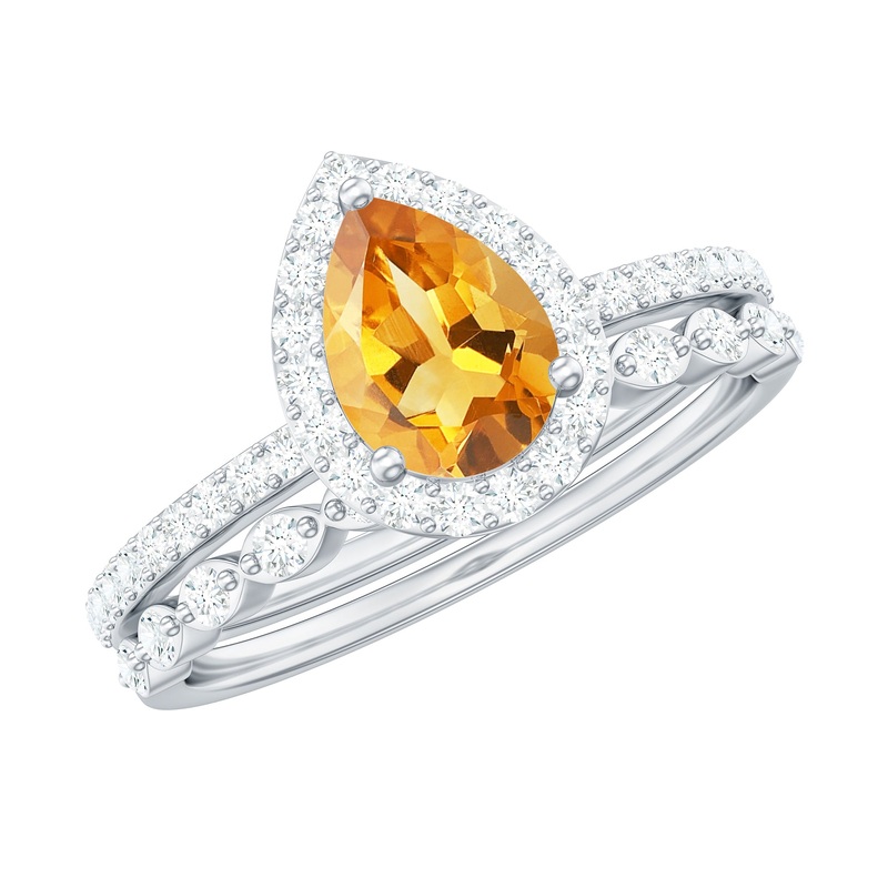 Teardrop Citrine Bridal Ring Set with Moissanite