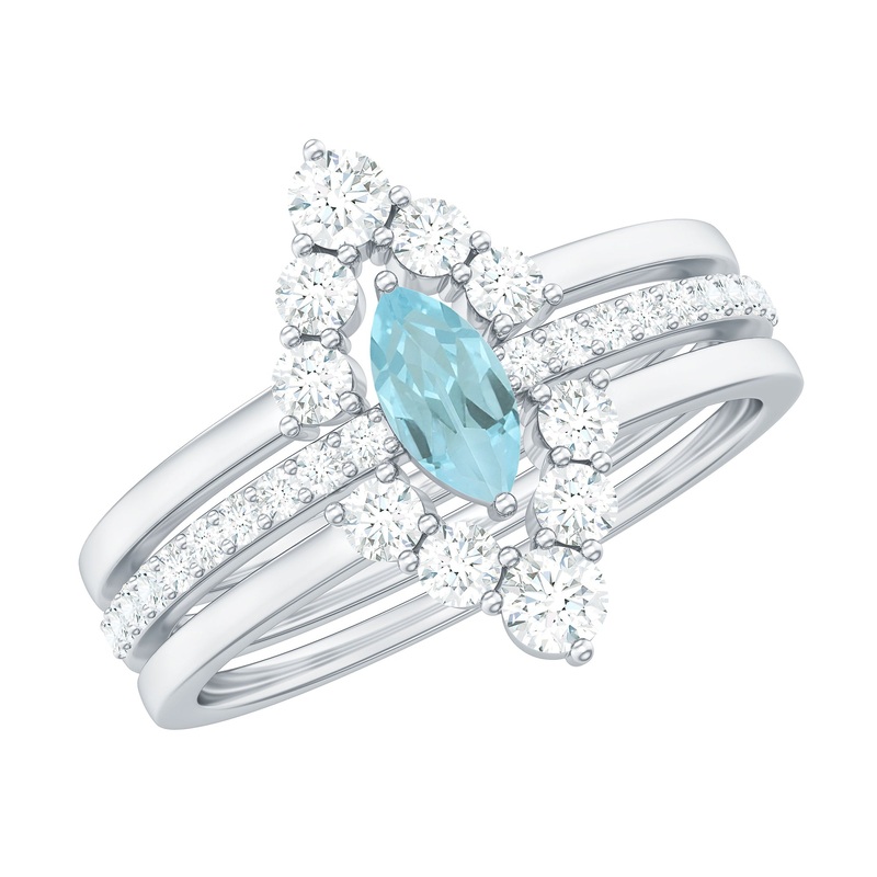 1.25 CT Marquise Sky Blue Topaz Solitaire Trio Ring Set with Moissanite