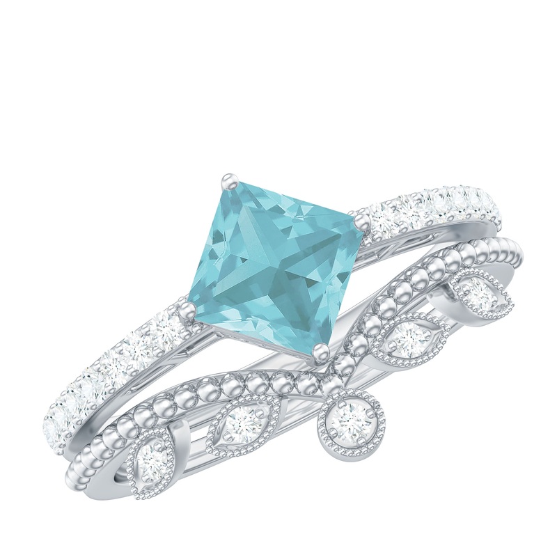 1.25 CT Princess Cut Sky Blue Topaz Vintage Ring Set with Diamond