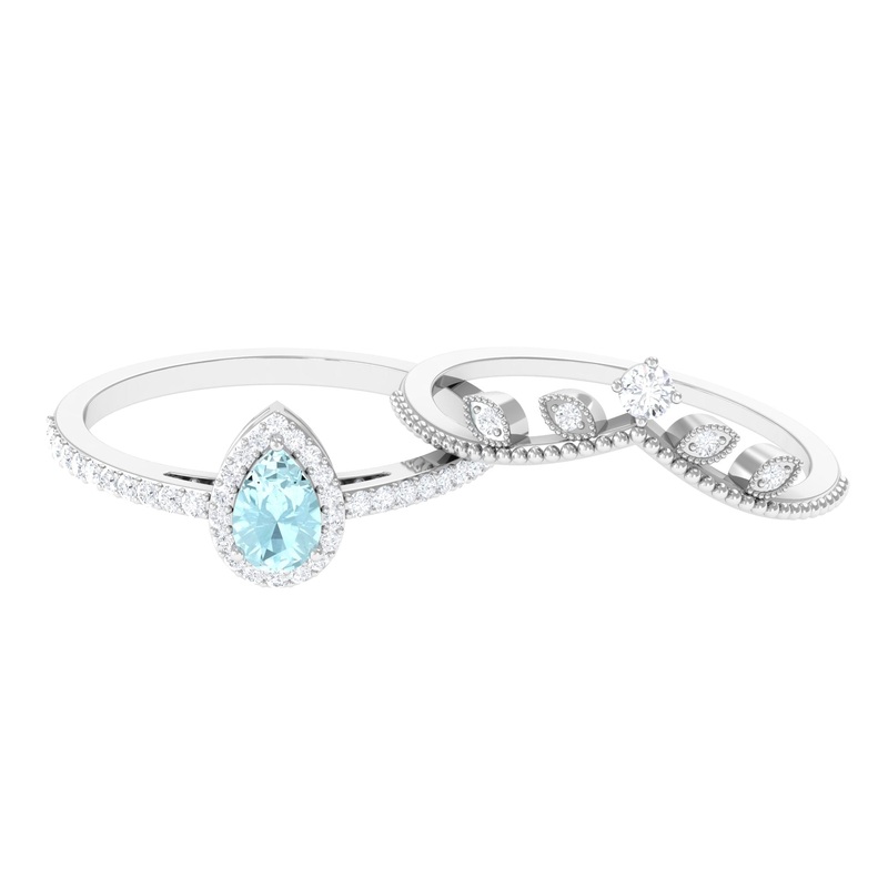 1.25 CT Vintage Inspired Sky Blue Topaz Teardrop Ring Set with Diamond