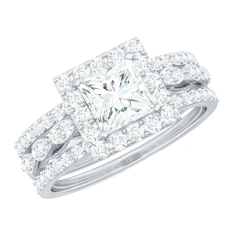 Princess Cut Moissanite Halo Bridal Ring Set