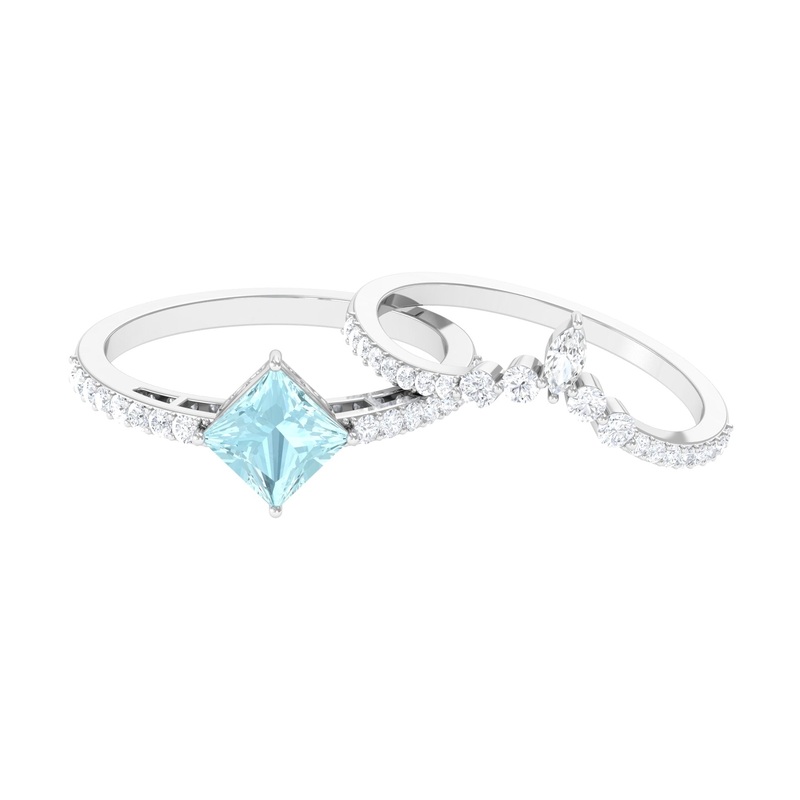 Princess Cut Solitaire Sky Blue Topaz Designer Ring Set with Moissanite