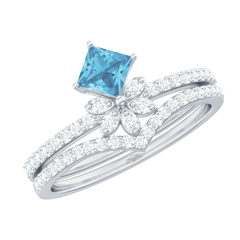 Princess Cut Swiss Blue Topaz and Diamond Flower Ring Set