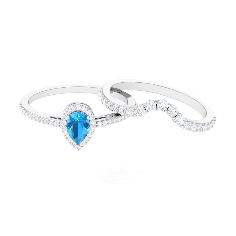 Swiss Blue Topaz Teardrop Designer Ring Set with Moissanite