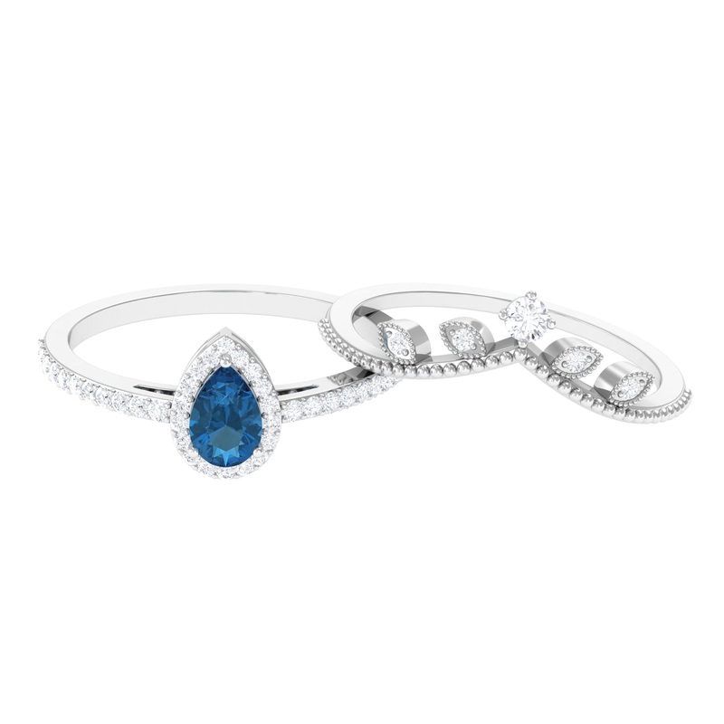 Vintage Inspired London Blue Topaz Teardrop Wedding Ring Set with Diamond