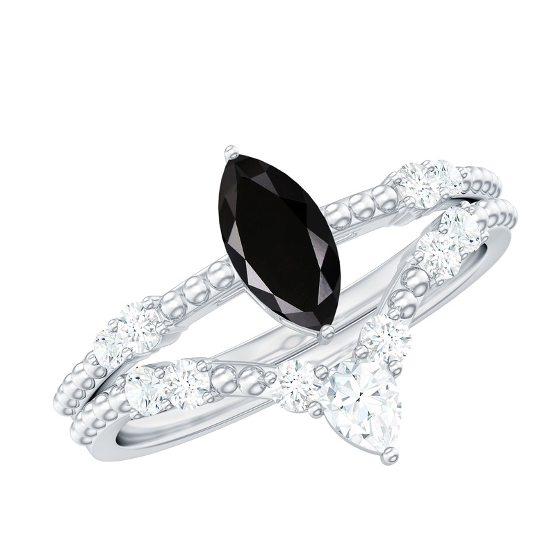 1.50 CT Natural Black Diamond Solitaire Gold Beaded Ring Set with Moissanite