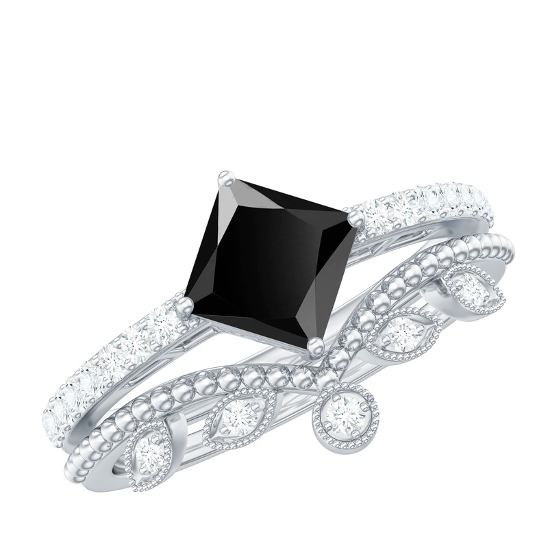 1 CT Princess Cut Black Onyx Vintage Ring Set with Diamond