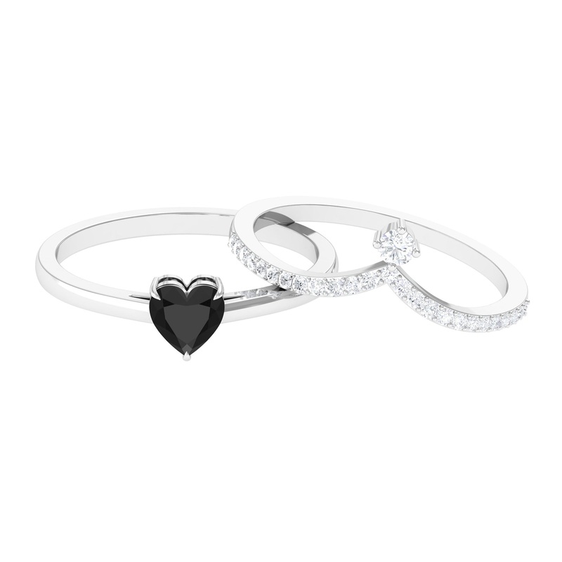 Real Black Onyx Heart Ring Set with and Diamond