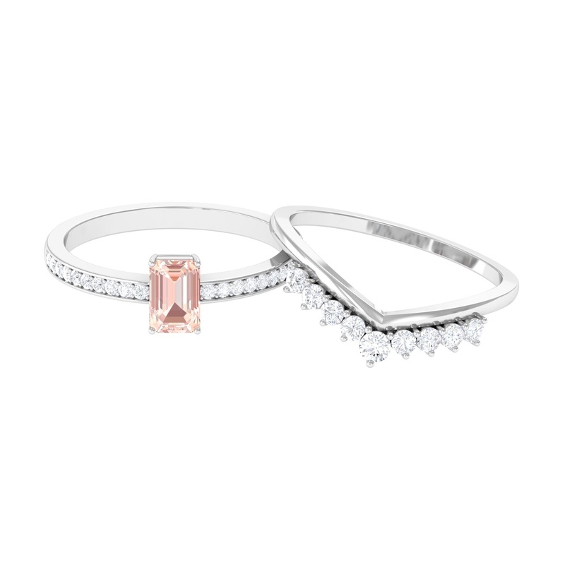 Real Morganite and Diamond Stackable Ring Set