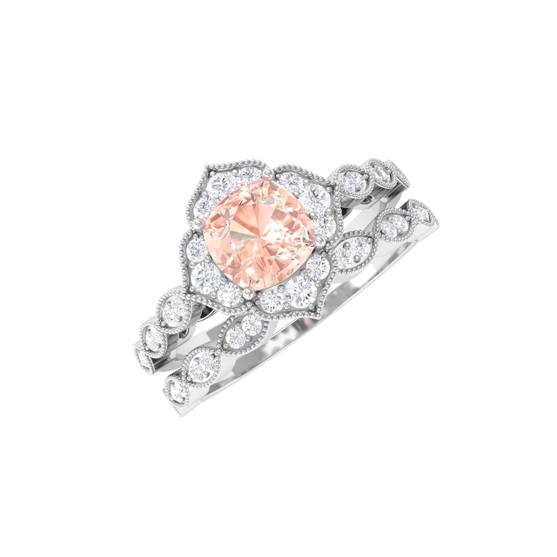 Real Morganite Flower Ring Set with Diamond