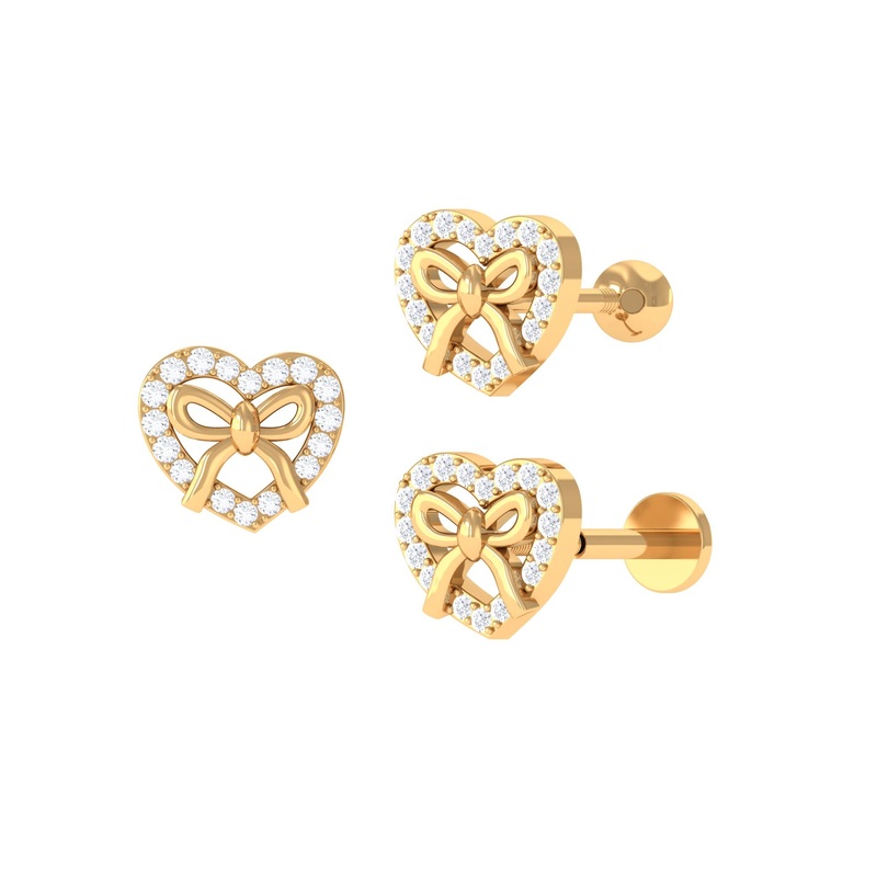 Round Moissanite Cute Bow Heart Earring for Cartilage Piercing
