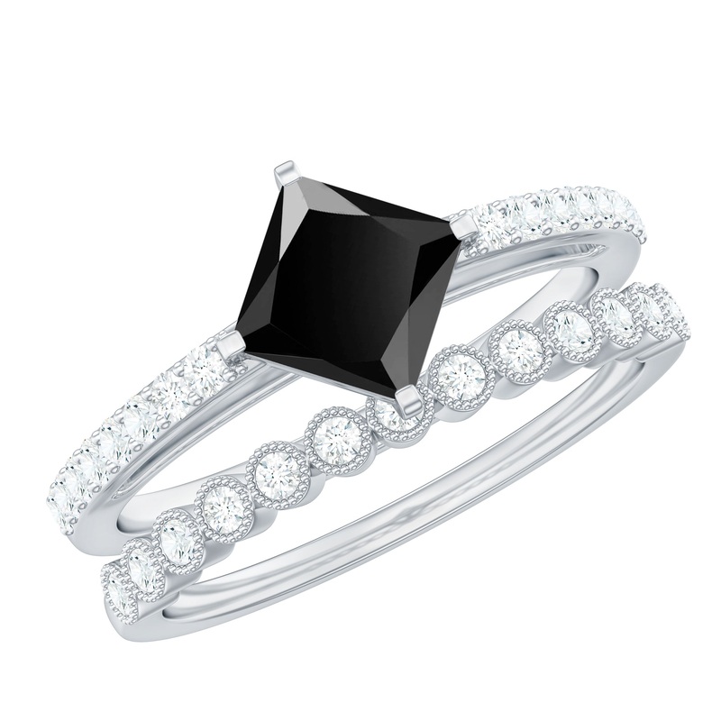 Solitaire Black Diamond and Moissanite Ring Set with Beaded