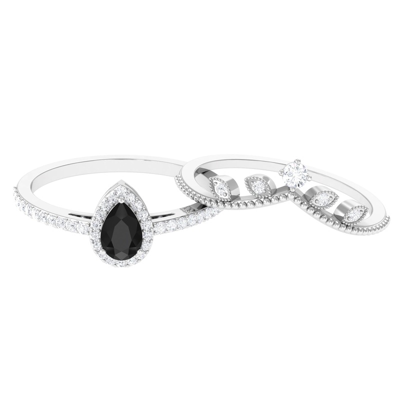 Vintage Inspired Black Onyx Teardrop Wedding Ring Set with Diamond