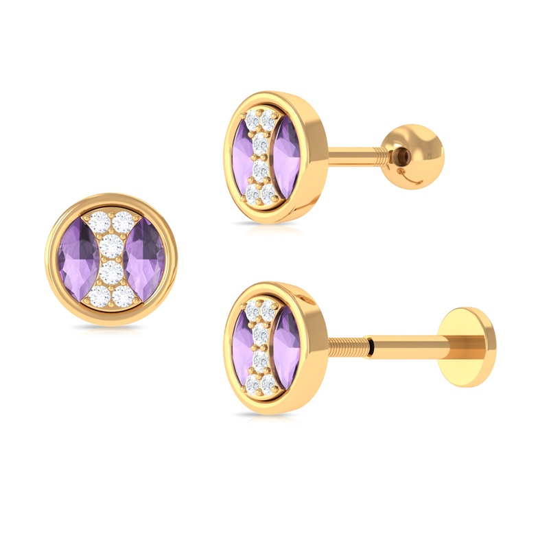 Amethyst and Moissanite Circle Helix Earring in Gold