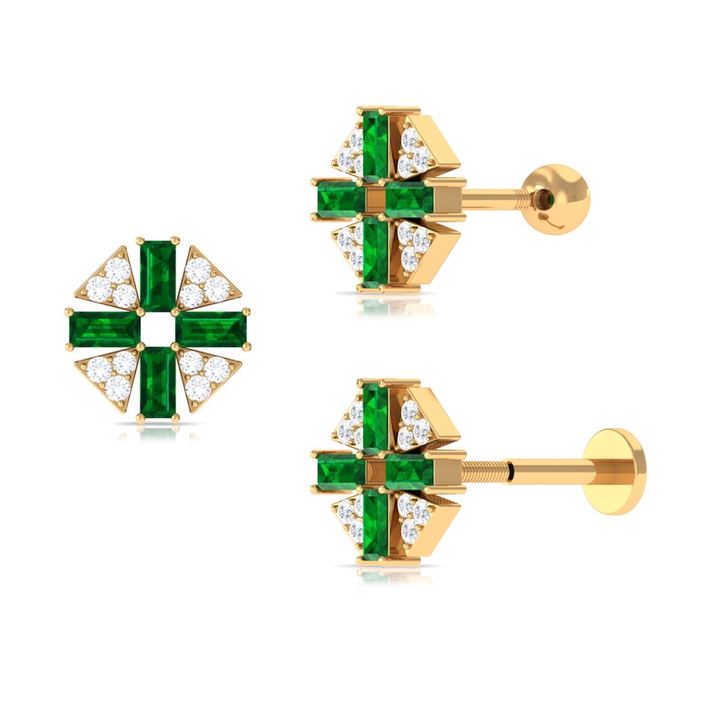 Baguette Created Emerald Unique Helix Earring with Moissanite