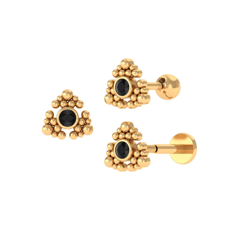 Bezel Set Solitaire Black Diamond Rook Earring with Beaded Gold