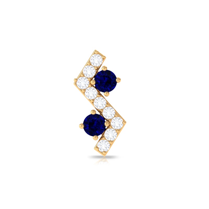 Blue Sapphire and Moissanite Zig Zag Helix Earring in Gold