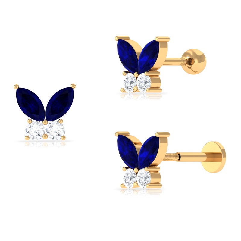 Marquise Blue Sapphire Butterfly Helix Earring with Moissanite