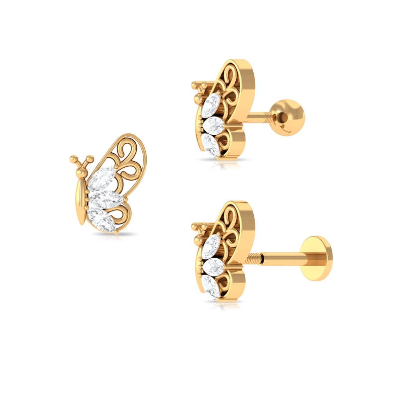 Moissanite Butterfly Helix Earring with Gold Filigree