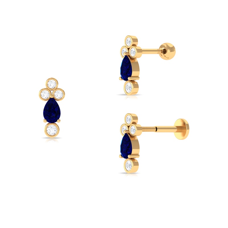 Pear Shape Blue Sapphire Helix Earring with Moissanite