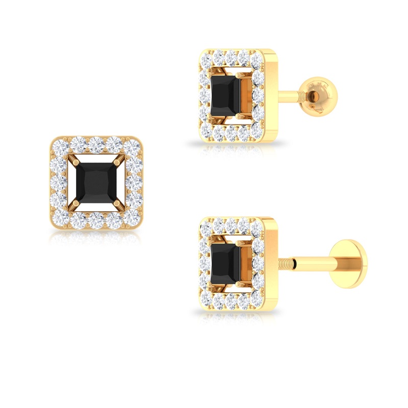 Princess Cut Black Onyx Square Helix Earring with Moissanite