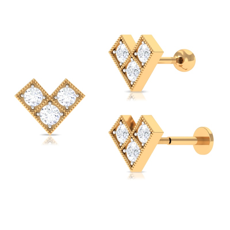 Round Moissanite Chevron Helix Earring with Beaded Gold