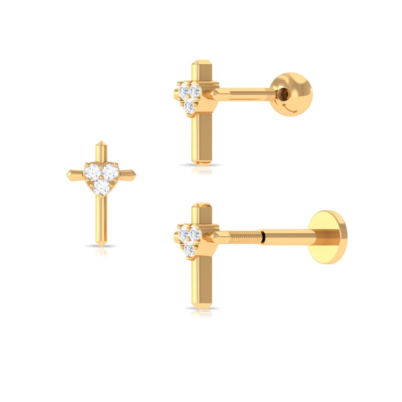 Round Natural Diamond Gold Cross Helix Earring