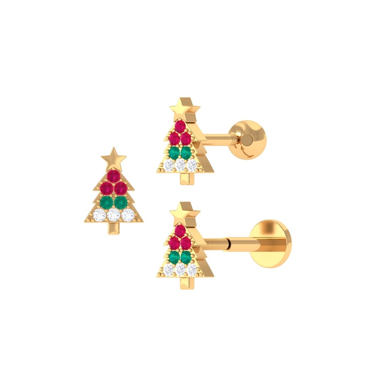 Ruby and Emerald Christmas Tree Earring with Diamond
