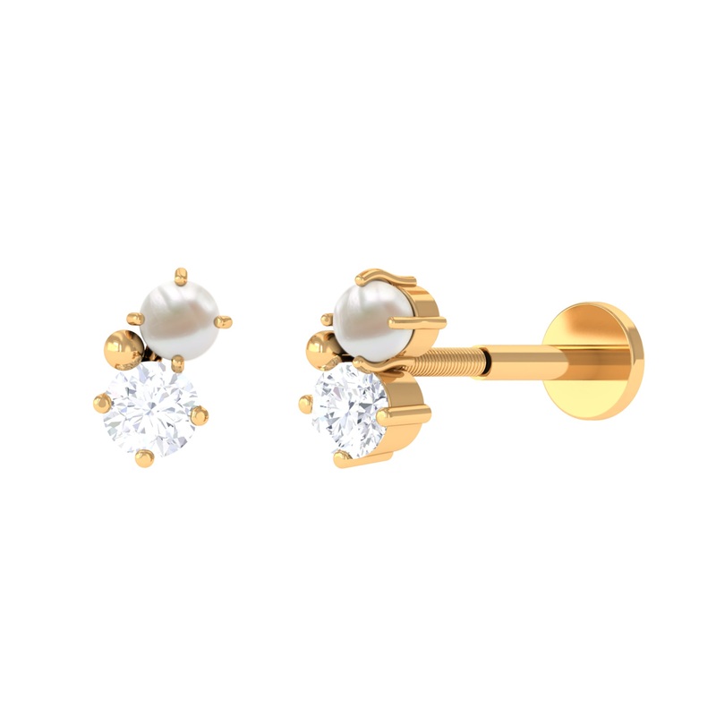 Tiny Freshwater Pearl and Moissanite Two Stone Tragus Earring