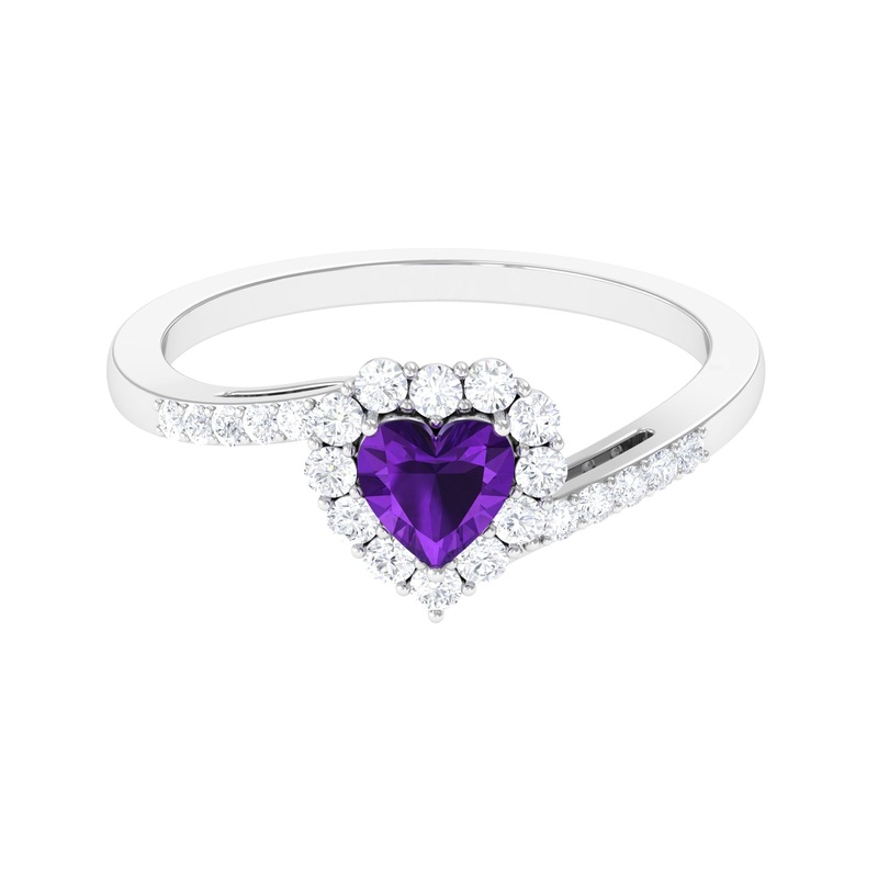 1.5 CT Heart Shape Amethyst Bypass Promise Ring with Diamond Halo