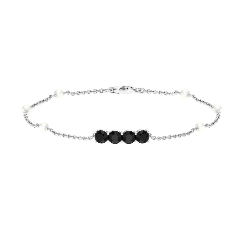 1.75 CT Black Onyx Minimal Station Chain Bracelet with Freshwater Pearl