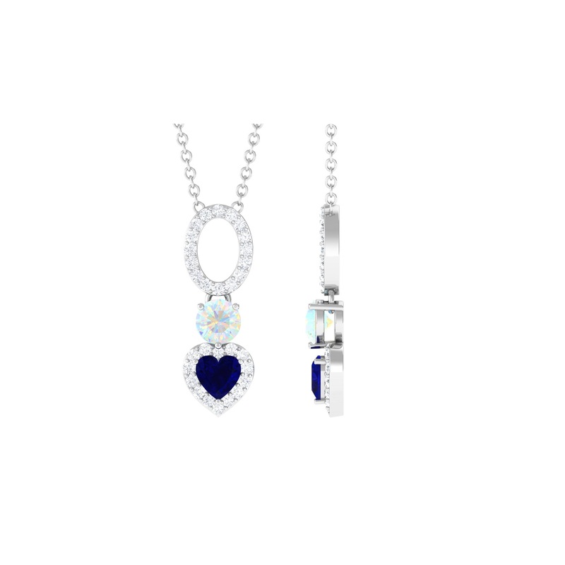 1 CT Blue Sapphire Heart Dangle Necklace with Ethiopian Opal and Moissanite