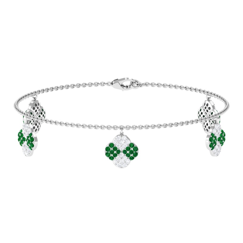 Created Emerald Floral Chain Charm Bracelet With Moissanite