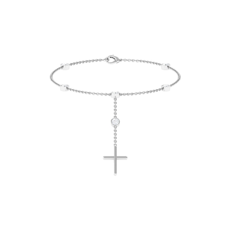 Cubic Zirconia Station Chain Bracelet with Gold Cross Charm