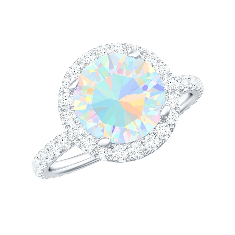 Real Rainbow Opal Halo Engagement Ring with Moissanite