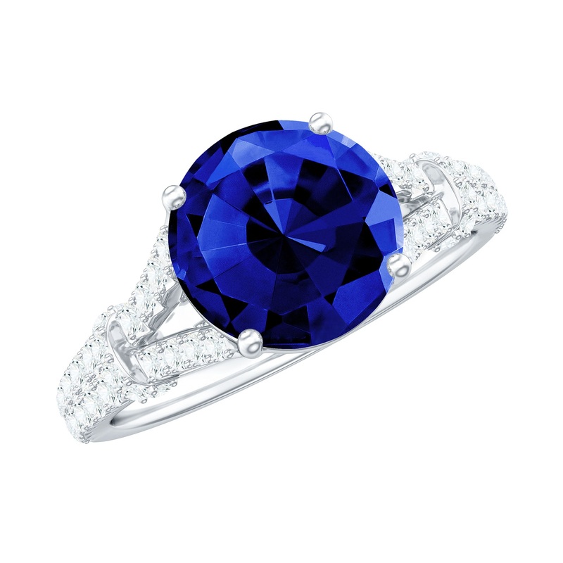 Split Shank Created Blue Sapphire Solitaire Ring with Diamond