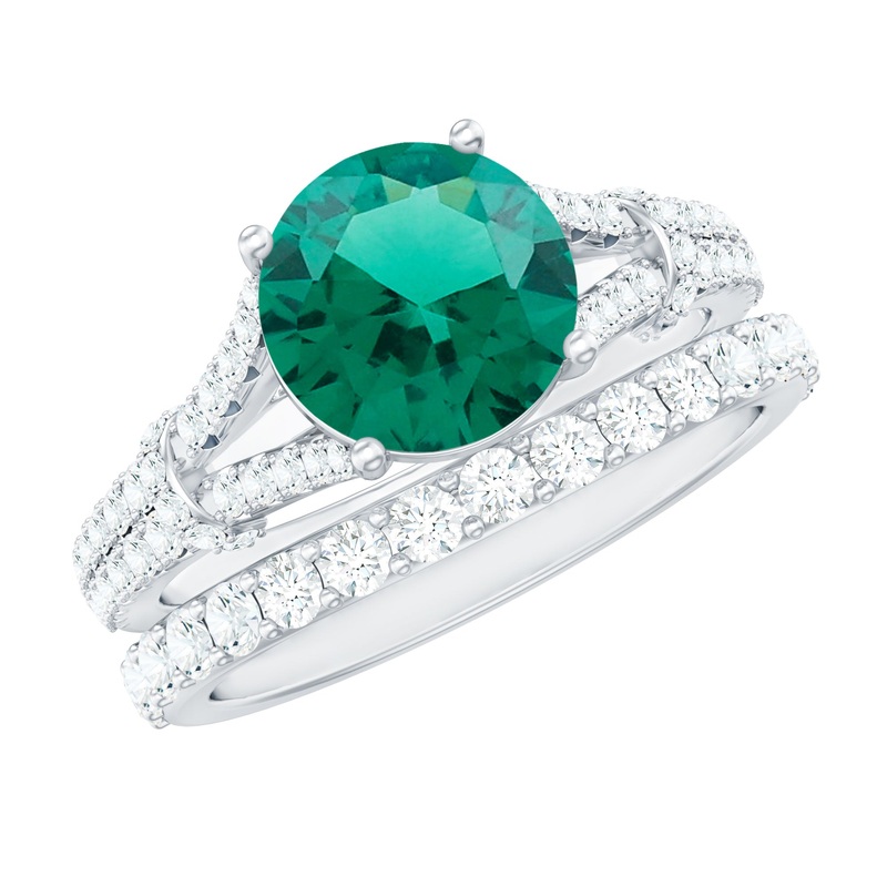 Split Shank Created Emerald Solitaire Wedding Ring Set with Moissanite
