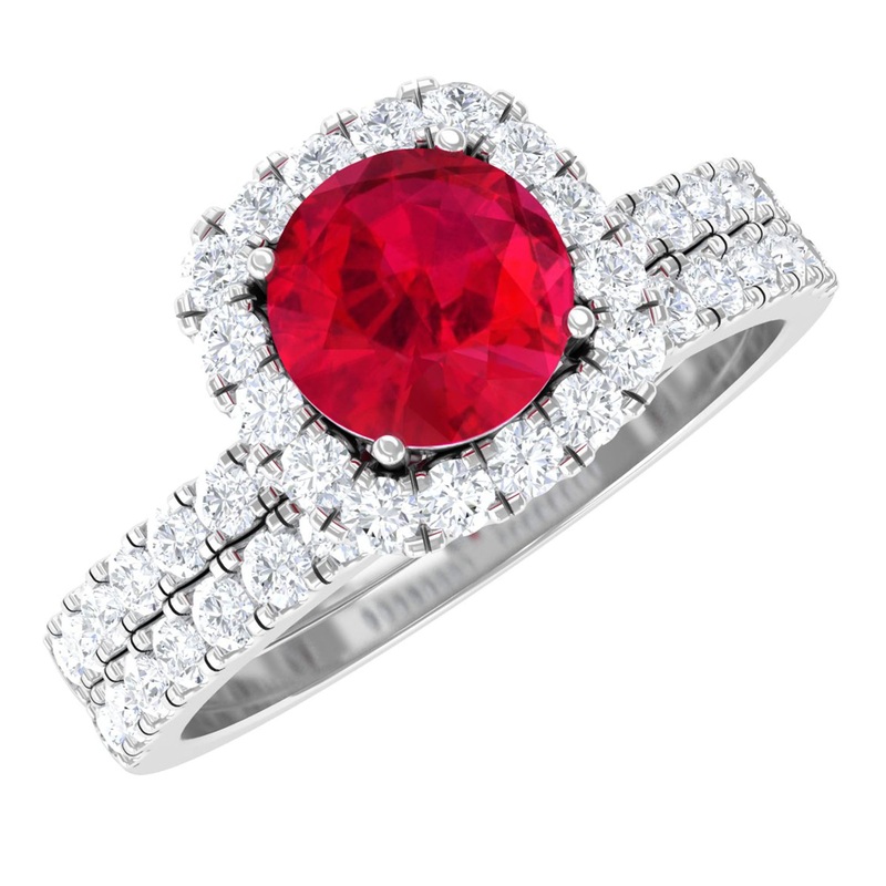 Vintage Inspired Created Ruby and Diamond Wedding Band Ring