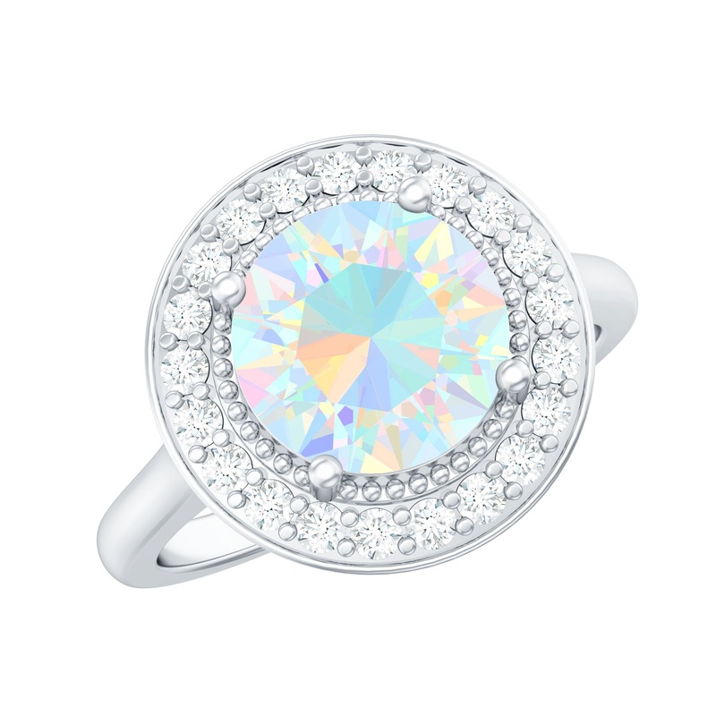 Vintage Inspired Ethiopian Opal Engagement Ring with Diamond Halo