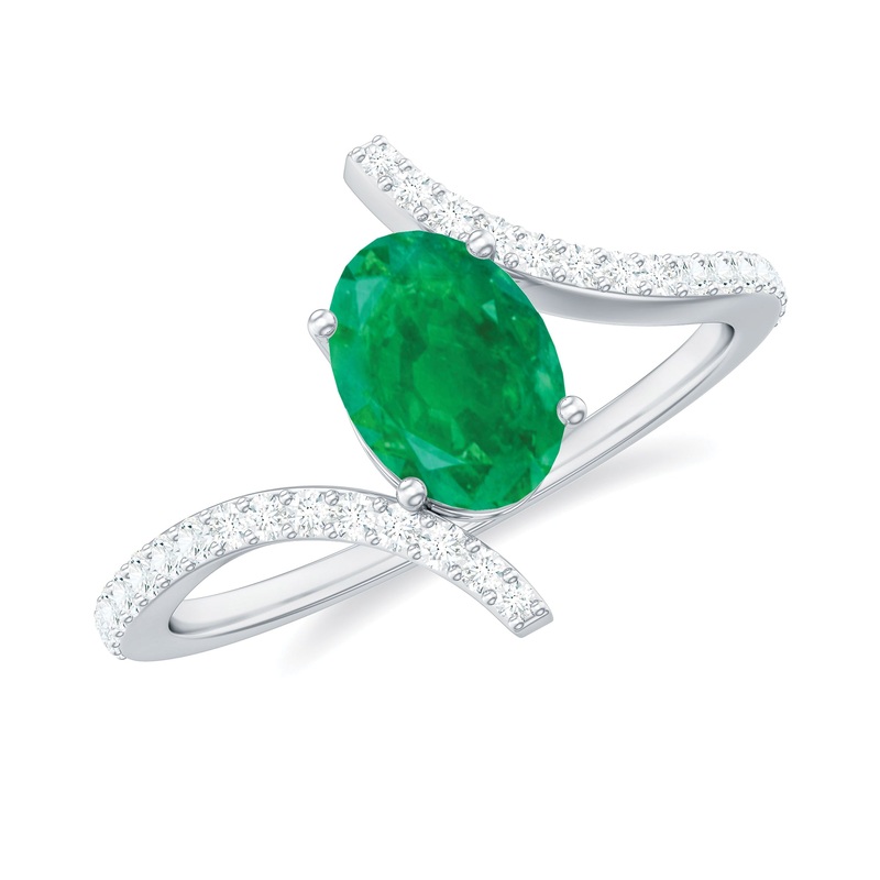 1 CT Oval Emerald Solitaire Bypass Ring with Diamond