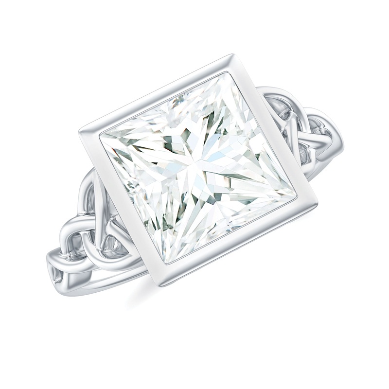 Princess Cut Moissanite Solitaire Celtic Knot Ring in Bezel Setting
