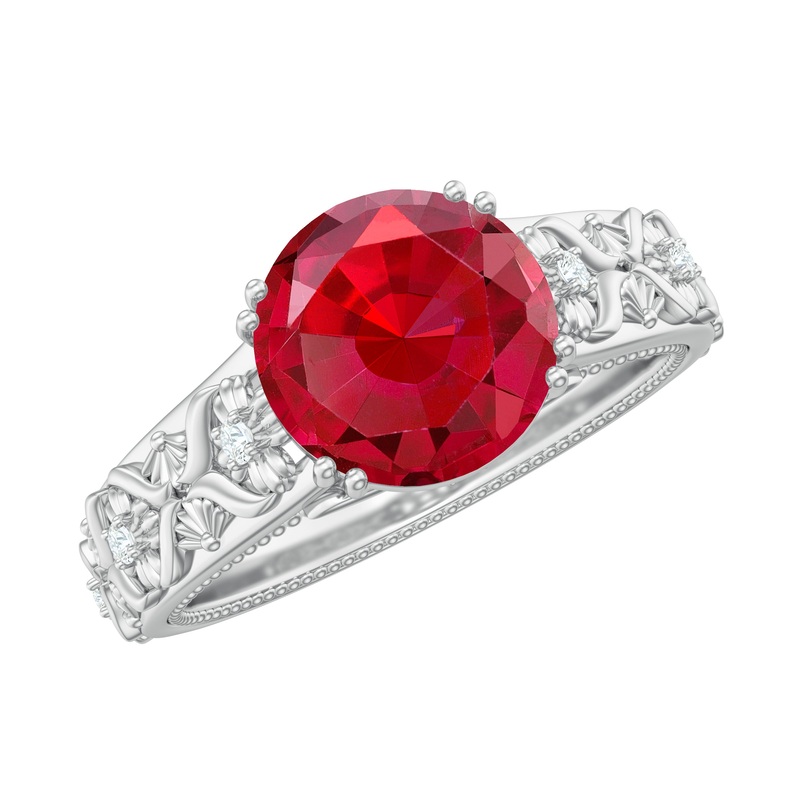 Round Created Ruby Floral Engagement Ring with Diamond