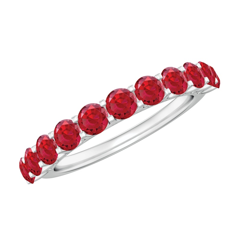 Round Created Ruby Simple Half Eternity Band Ring in Gold