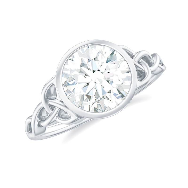 Round Shape Moissanite Solitaire Celtic Knot Ring in Bezel Setting