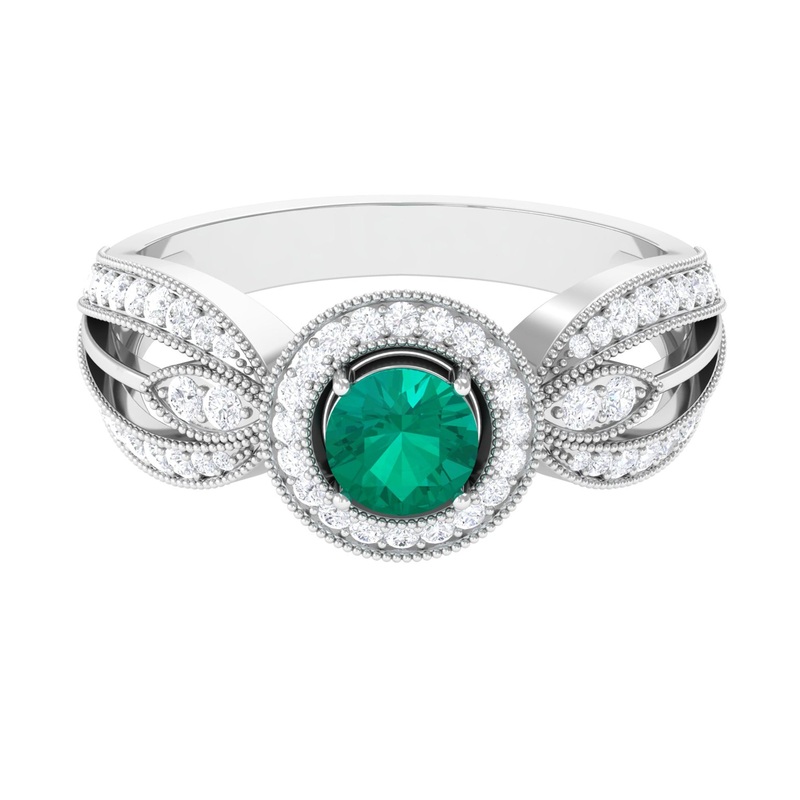Vintage Inspired Emerald Engagement Ring with Diamond in Split Shank