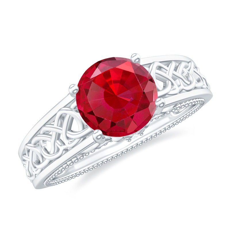 Vintage Style Created Ruby Celtic Knot Band Ring with Surprise Diamond