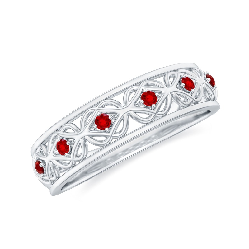 Vintage Style Created Ruby Celtic Knot Eternity Band Ring in Gold