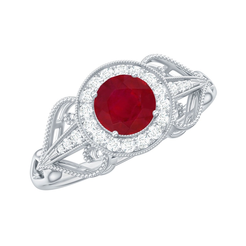 Vintage Style Ruby Engagement Ring with Diamond