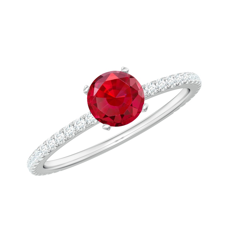 1.25 CT Lab Grown Ruby Solitaire Engagement Ring with Diamond Side Stones