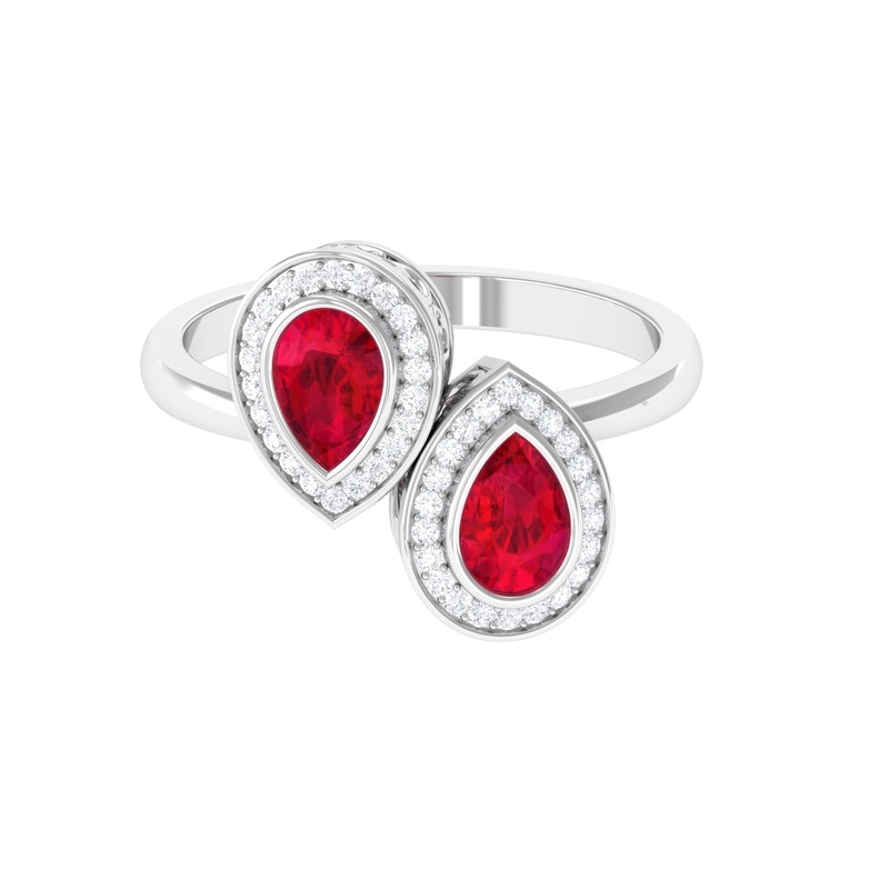 1.25 CT Pear Cut Created Ruby Toi et Moi Engagement Ring with Diamond